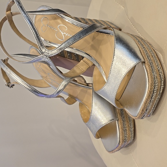 DOSIA Jessica Simpson Wegde Platform Espadrille High Heel Silver Rhinestone Shoe - Picture 6 of 8